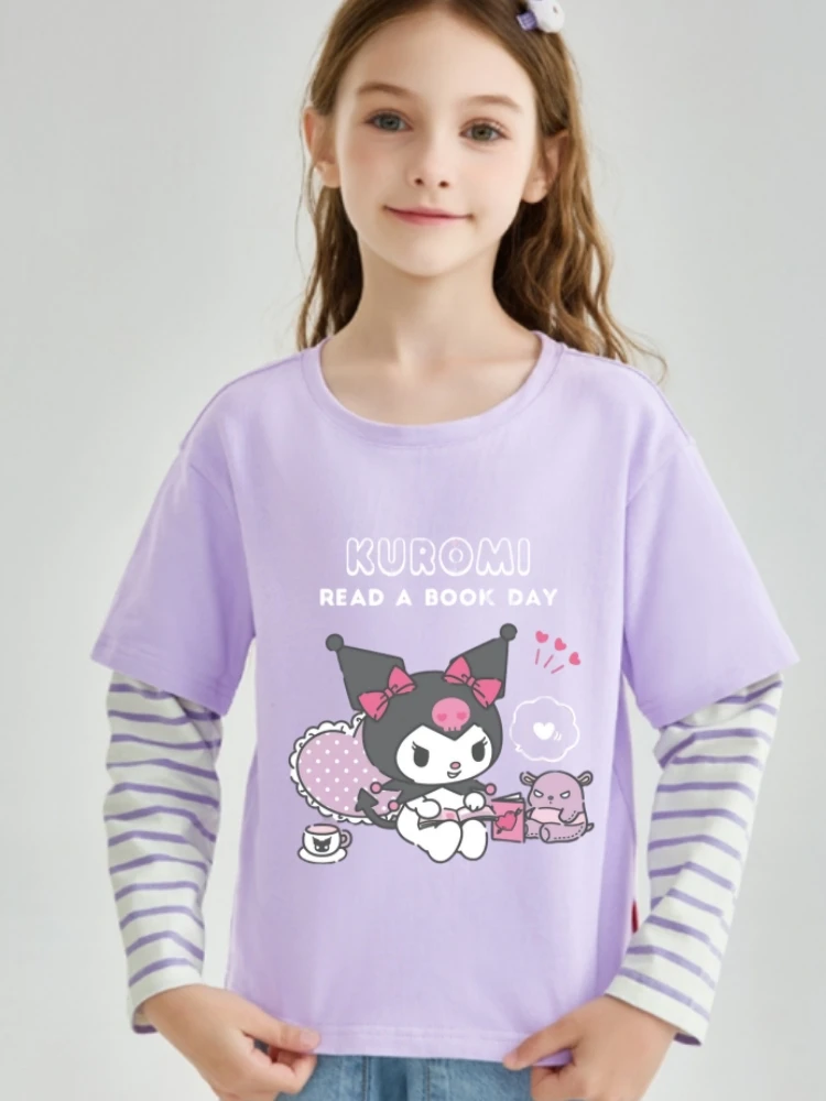 

Sanrio Autumn Baby Girls Cotton Clothes Kid Kuromi Printed Pullover Children Fake Two Pieces Stripe Long Sleeve T-shirts Top