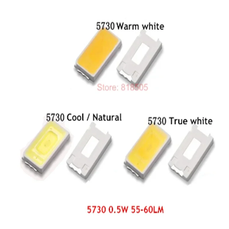 100PCS 5730 WHITE LED 0.5W 50-60 150mA BRIGHT TRUE WHITE 6000-7000K / NATURAL 4000-5000K / WARM 2800-3200K / COOL 9000-13000K