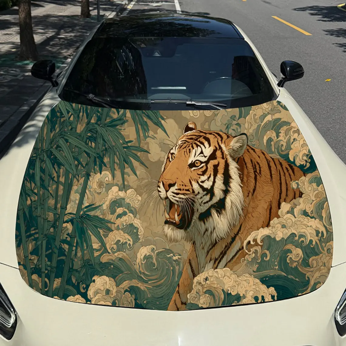 

Tiger Wave Bamboo Car Hood Sticker PVC Self Waterproof Stick Striking Auto Exterior Accessories Decor Protect Gift for Car Lover