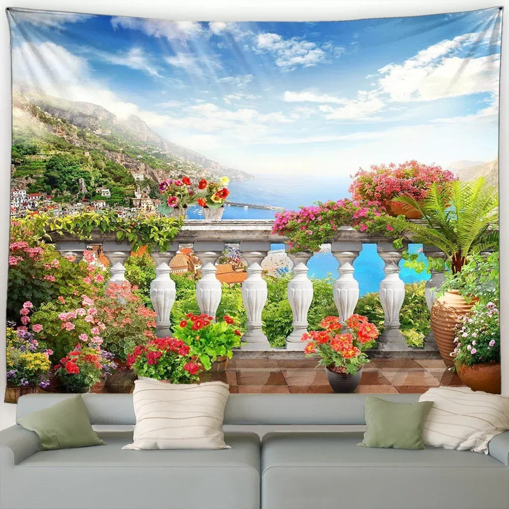 Seaside Landscape Tapestry Pink Flowers Plant Trees European Style Ocean Scenery Garden Wall Hanging Home Living Room Decoration