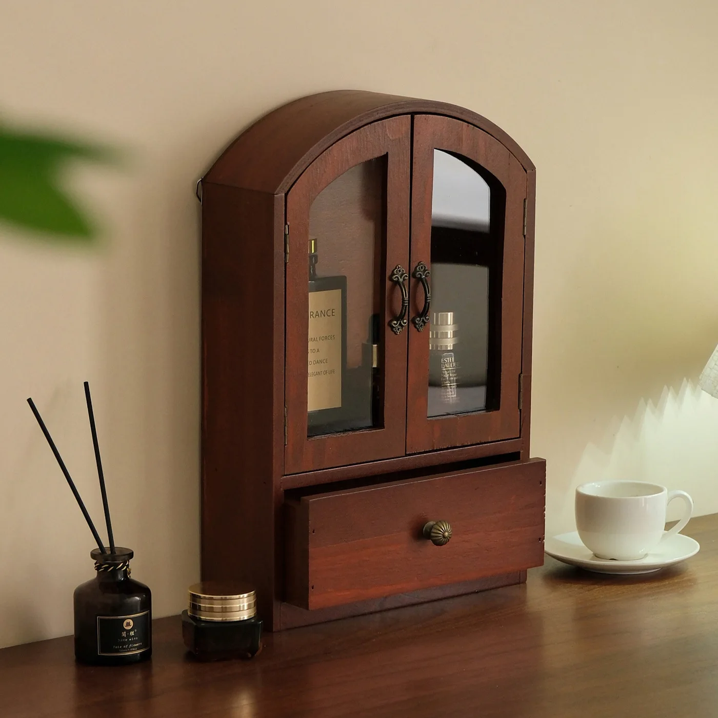 Desktop  cabinet  shelf cosmetic wooden small cabinet baked glass door desktop sundries