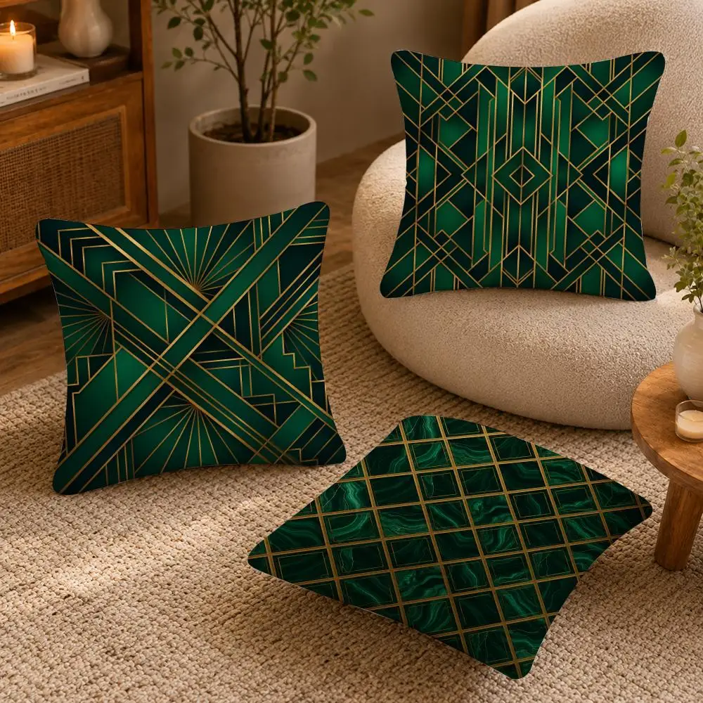 Dark Green Geometric Pattern Cushion Cover Soft Short Plush Pillow Case Double Sided Print Washable Sofa Bed Home Decor Gift