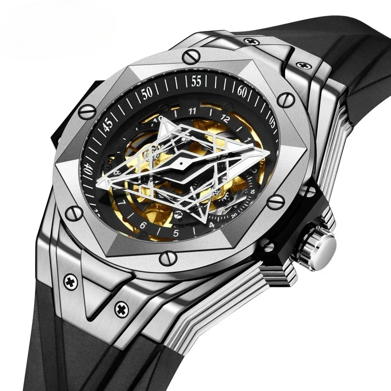 Fashion Men\'s Automatic Mechanical Watch Silicone Strap Waterproof Sports Watch for Men Stylish No Pointer Creative Gift Watches