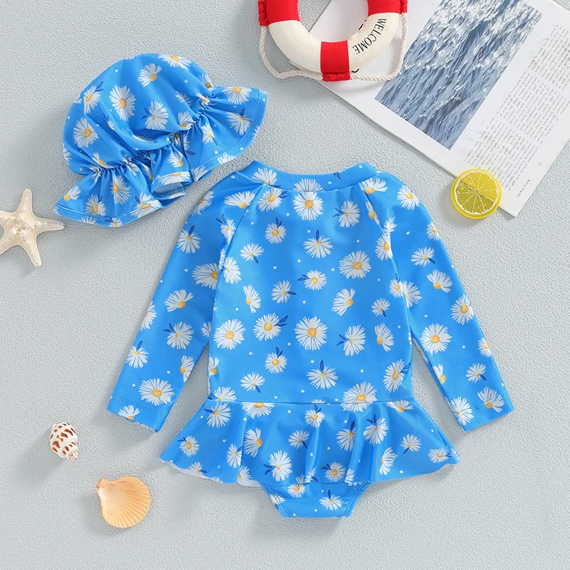 SUNSIOM Baby Girls Swimsuit Flower Print Long Sleeve Bikini with Hat Newborn Swimwear for Summer Bathing Beachwear