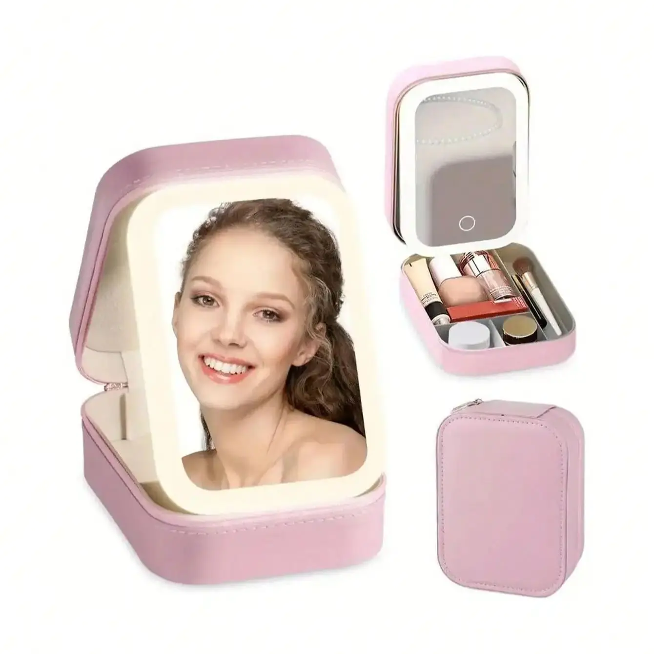 LED Lighted Makeup Bag with Mirror - Rechargeable Travel Cosmetic Organizer, Adjustable 3-Color Lighting, Jewelry Storage Case