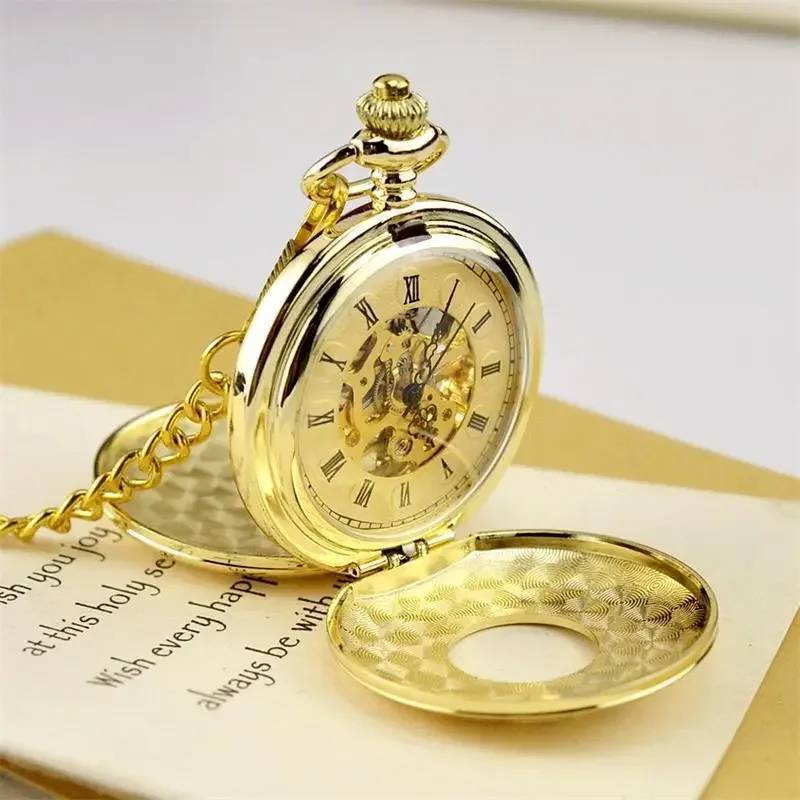 Tungsten-steel-black double-opening carved mechanical pocket watch retro automatic double-opening men's and women's pocket watch