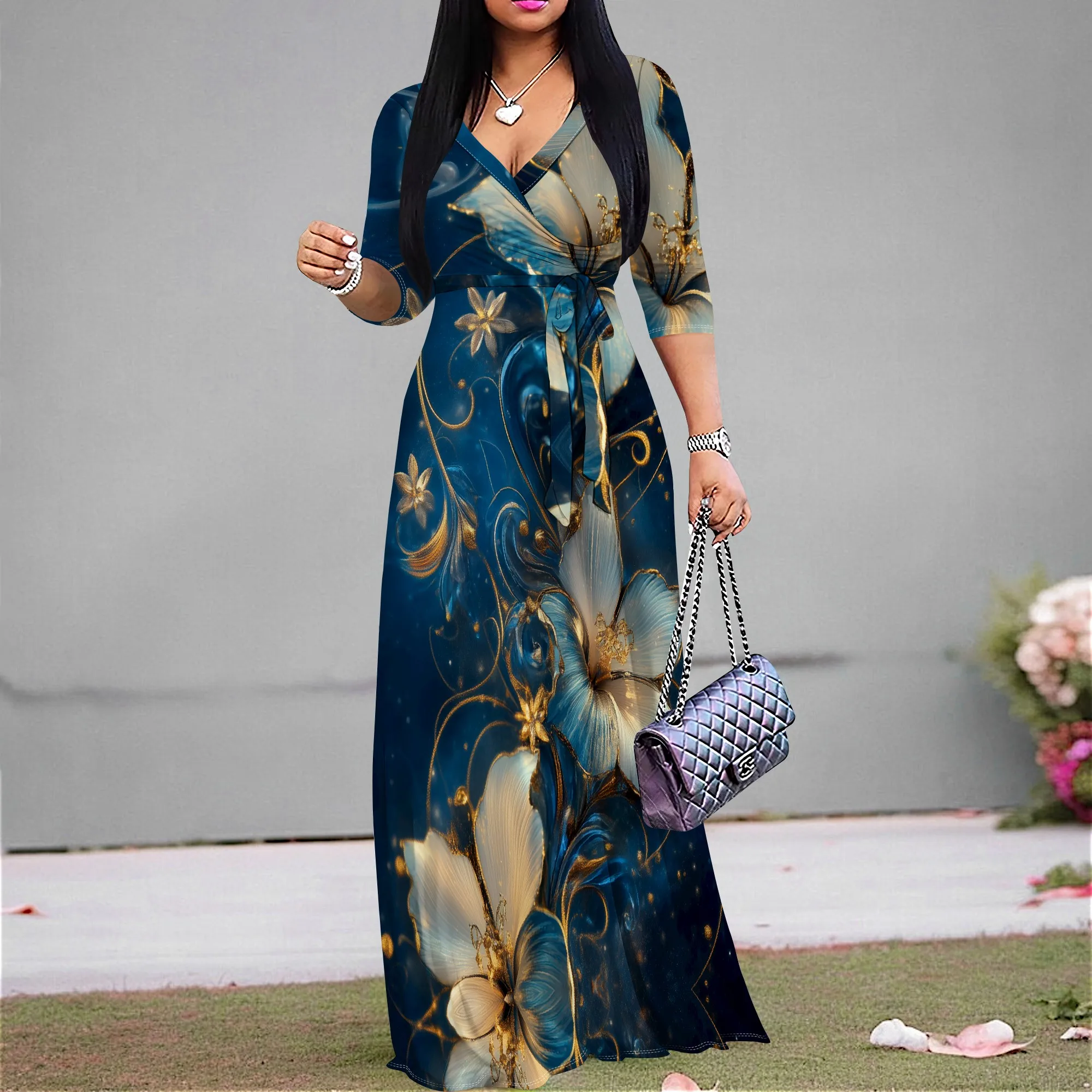 

Elegant Blue Floral Wrap Dress S-3XL V-Neck Long Sleeve Maxi Style with Belt for Easter Sunday, Church or Formal Brunch Look