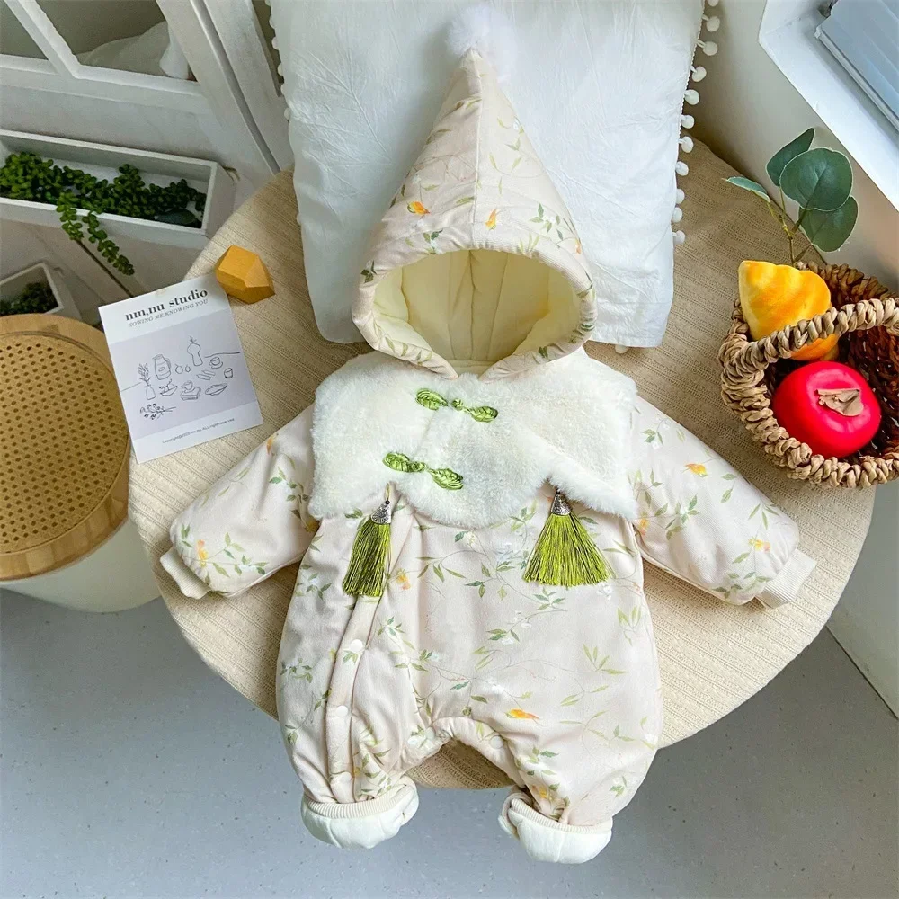 Winter Newborn Girls Bodysuit Plush Thickened Baby Girls Hooded Green Grass Printed Jumpsuit Toddler Girls Warm Outdoors Romper