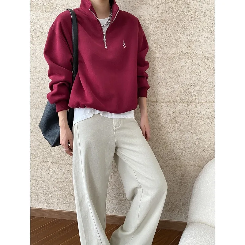 Wine Red Label Embroidered Stand Up Collar Half Zipper Sweatshirt Loose Hoodie Fall Pullovers