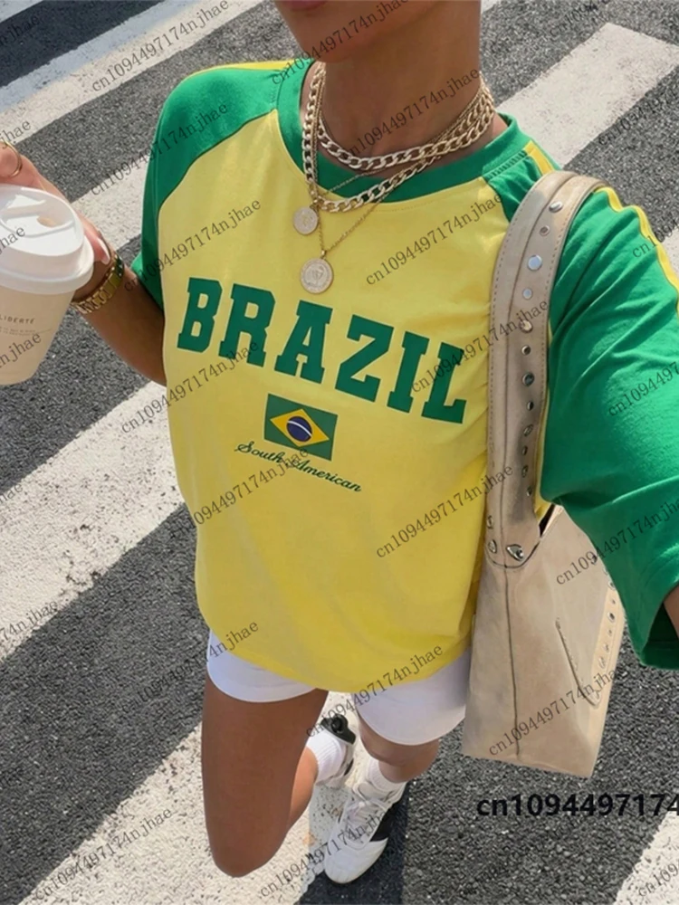 Summer New Letter Brazil Print T-Shirt For Women Patchwork Short Sleeve Streetwear Vintage Aesthetic O-neck Tees Casual Y2k Tops