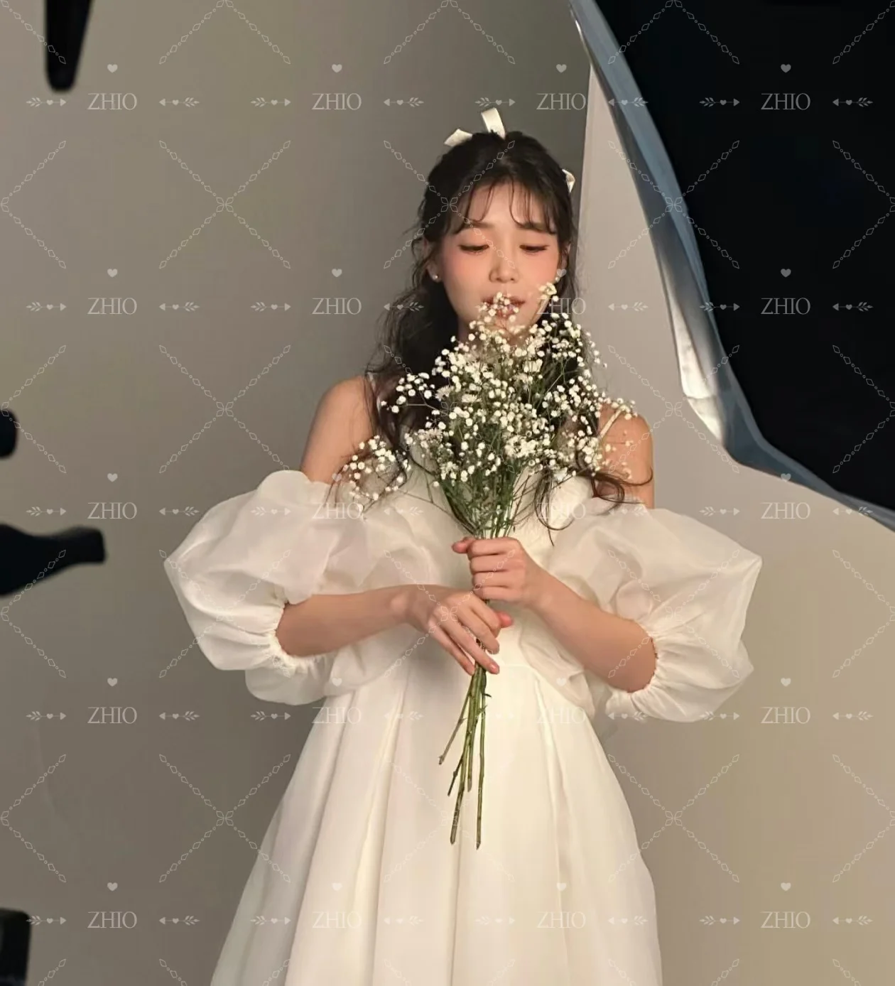 فستان ZHIO أنيق لحفلات الزفاف على شكل قلب وأكمام قصيرة من الأورجانزا العاجي الكوري للتصوير الفوتوغرافي فستان زفاف مخصص لحفلات الزفاف