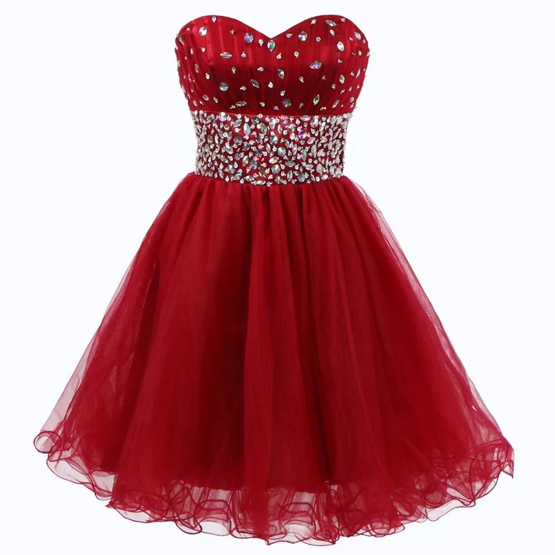 Short Tulle A Line Strapless Crystals Beading Knee Length Bridesmaid Dresses Wedding Party Prom Homecoming Birthday Cocktail