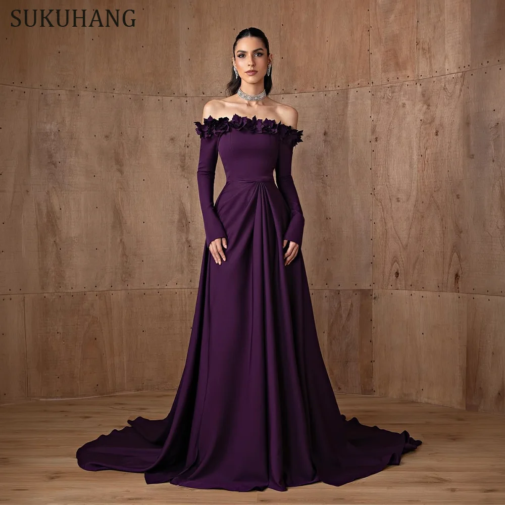 

Customized Off Shoulder Purple Prom Dress with 3D Floral Neckline Elegant Long Sleeve Formal Evening Gown for Special Occasion