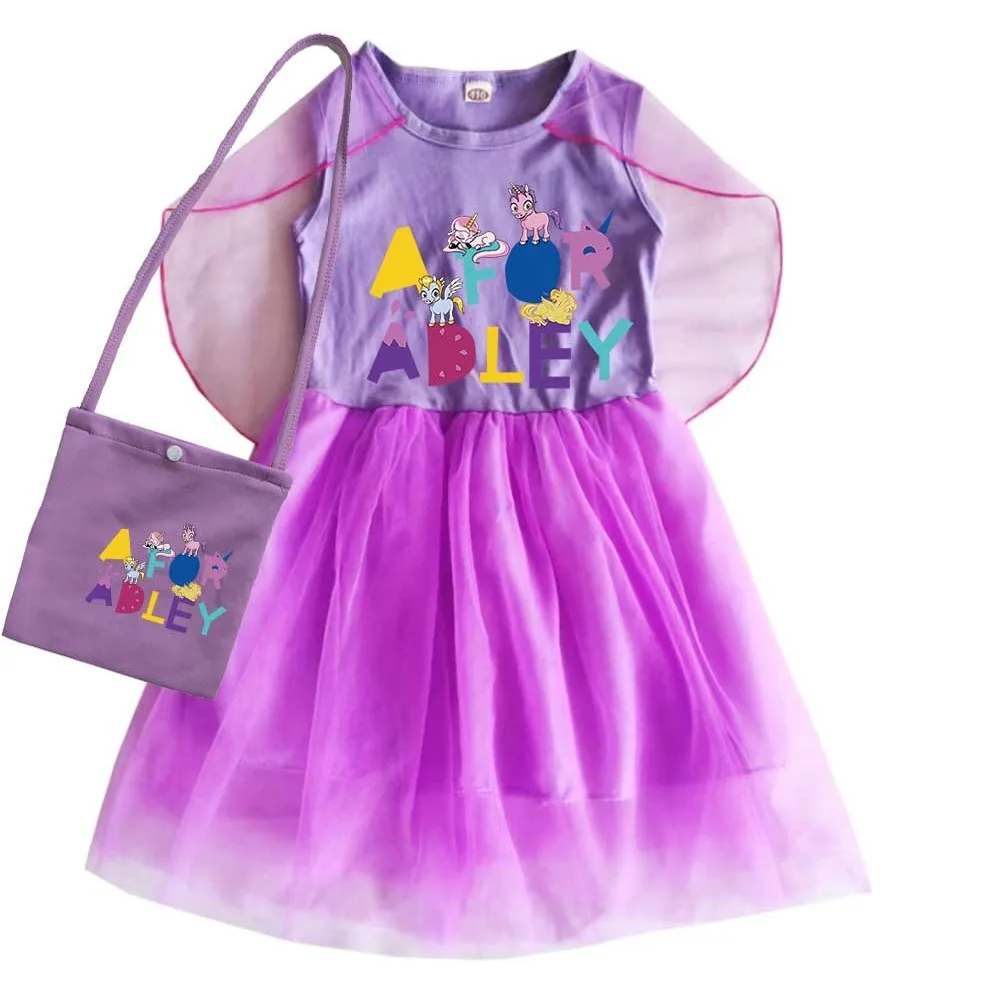 

Cartoon A FOR ADLEY Costume Kids Summer Fly Sleeve Dress Baby Girls Casual Dresses with Bag 2pcs Sets Children Princess Vestidos