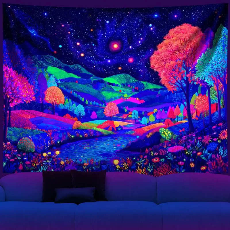 VIKAMA Fluorescent Vivid Fantasy Valley Woodland Star Filled Cosmos UV Glow Tapestry Surreal Wall Decor Accent Soft Durable Cozy
