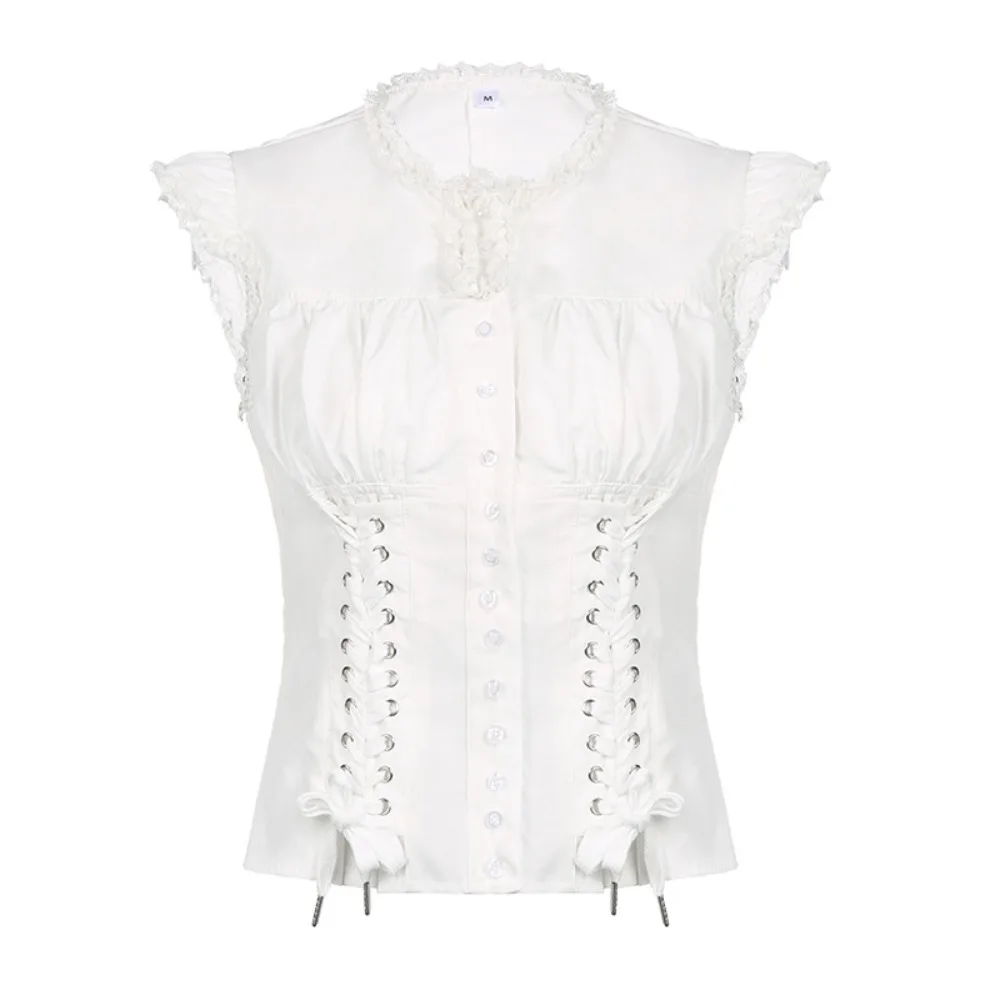 

Sweet Ruffle Sleeveless Shirts Lacing French Style Lace-up Crope Shirt Top O Neck Waist Cinching White Blouse Women Summer