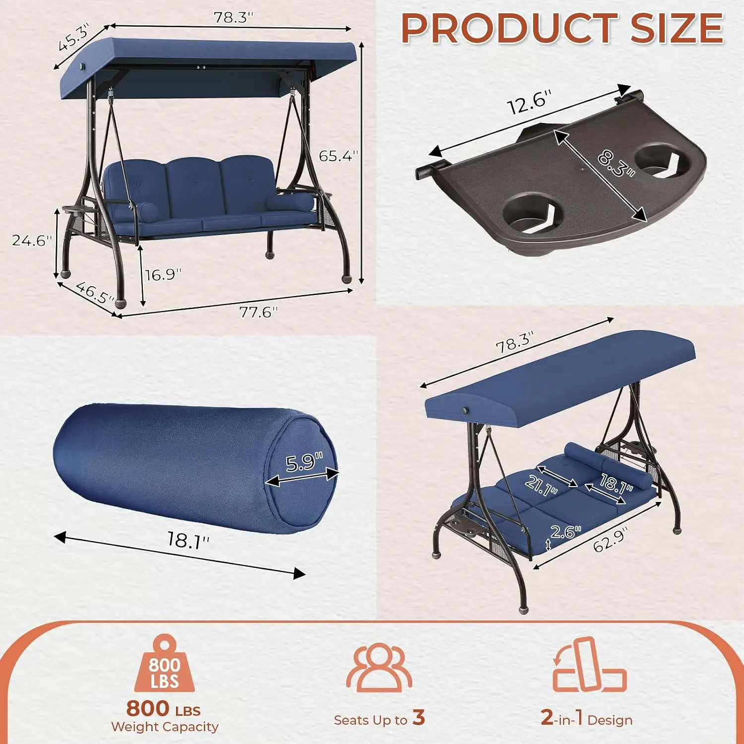 Outdoor Porch Swing With Adjustable Canopy & 2 Pillows, 800 Lbs, Customized