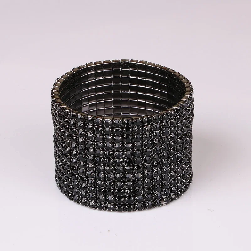 12 Rows Black Crystal Rhinestone Bangle Bracelet Black Gun Plated Metal Wide Indian Bangles for Women