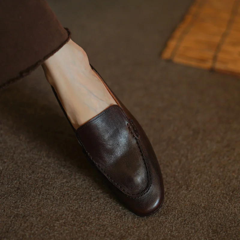 Women Flats Horsehide Flat Shoes Vintage Casual Loafers Spring Autumn Slip On Women Simple Shoes Round Toe Daily Quality Flats