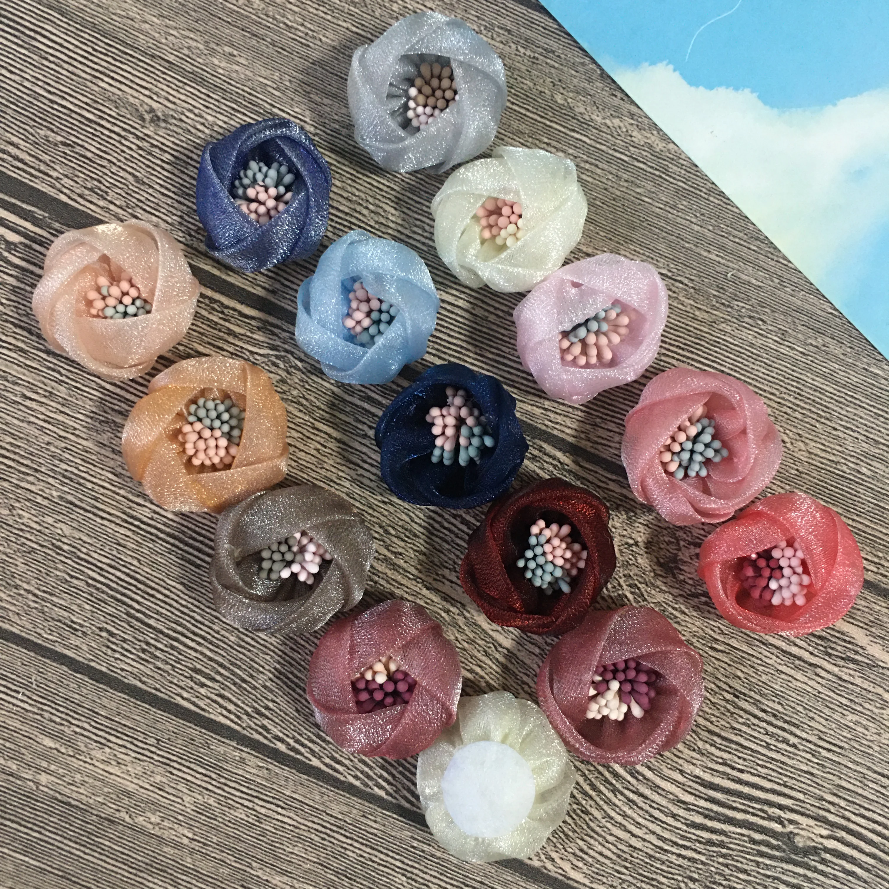 10Pcs/Lot Organza Rose Handmade Fabric Flower Flat Back Sweet Diy Craft For Baby Accessories Home Shoe Brooch Decoration