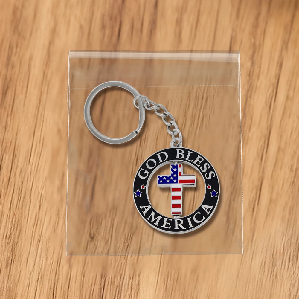 Gott segne Amerika Sterne-Streifen-Kreuz Doppelseitiger Drehbarer Schlüsselanhänger Patriotische Amerikanische Flagge Anstecknadel Christliches Geschenk für Männer W – Detail 9