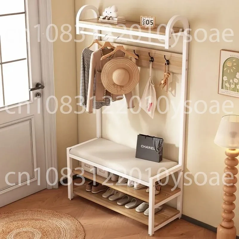 All-in-One Floor-Standing Coat Hat and Shoe Rack with Upholstered Shoe Bench for Home Entryway, Made of Engineered Wood