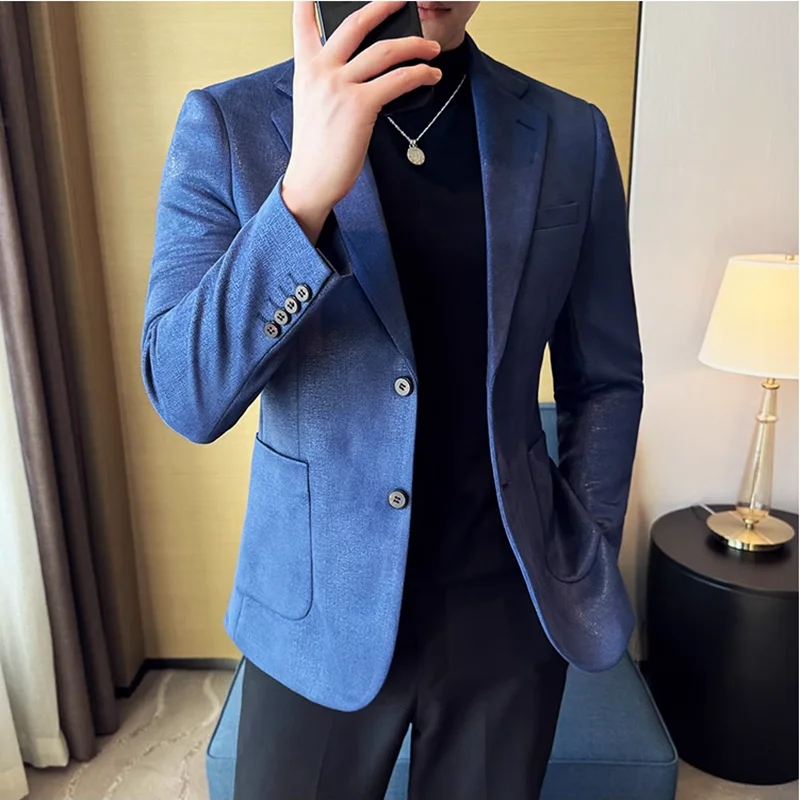 

Vintage Suede Line Bronzing Striped Suit Coats 2025 Autumn New High Quality Men Slim Business Social Formal Suit Coats Tailcoat