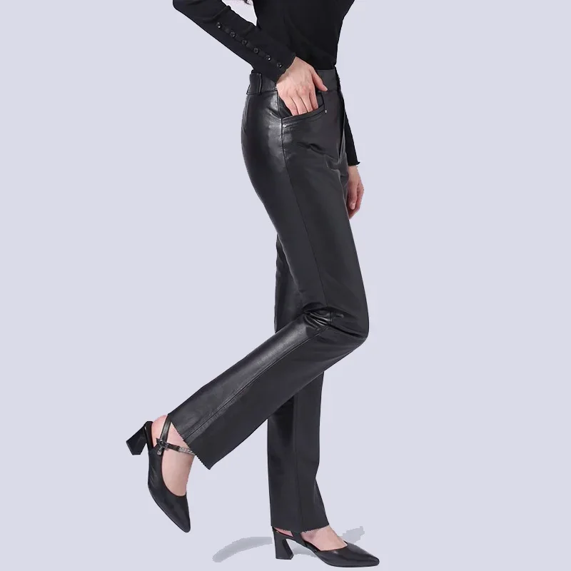 Women\'s Mid Waist Faux Leather Trousers Matte PU Casual Office  Soft Straight Leg Pants Slim Sexy Winter New 2024 custom