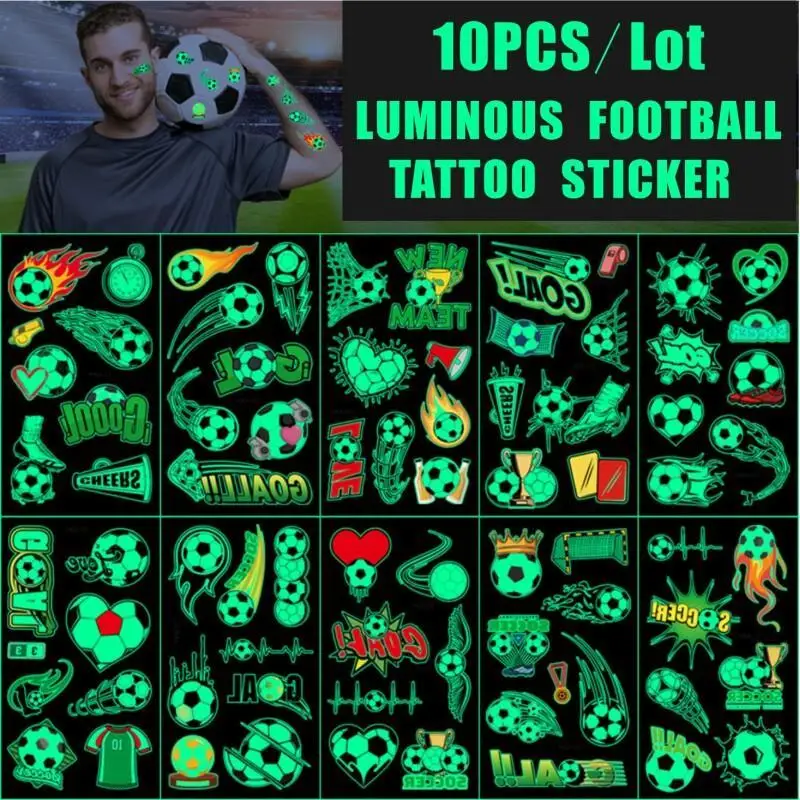 

10 Pcs/Lot Glow In Dark Football Tattoo Stickers Set For Soccer Club Event Fan Temporary Face Stickers Body Art Match Party Prop