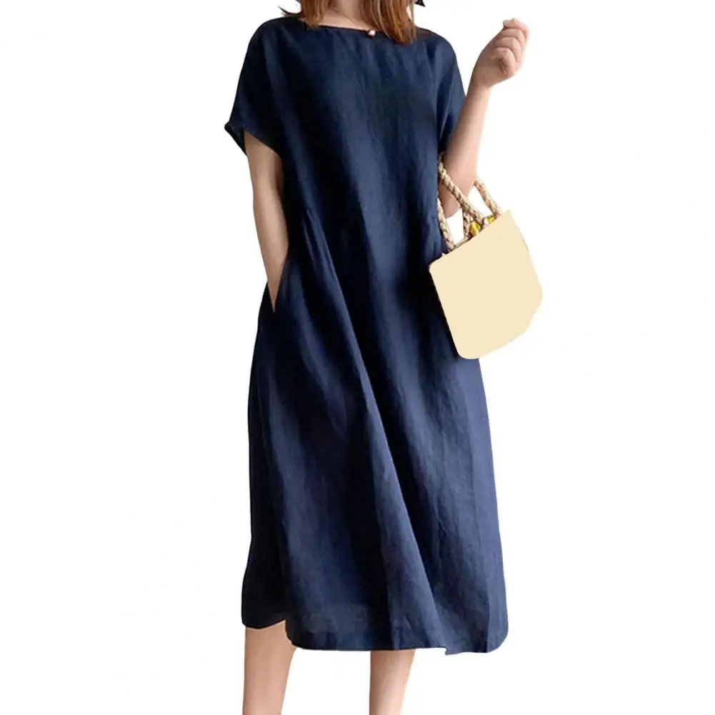

Women's Loose Cotton Dress Summer Casual Plus Size Midi Dress Crew Neck Short Sleeve Pleated Swing Dress with Pockets 2025