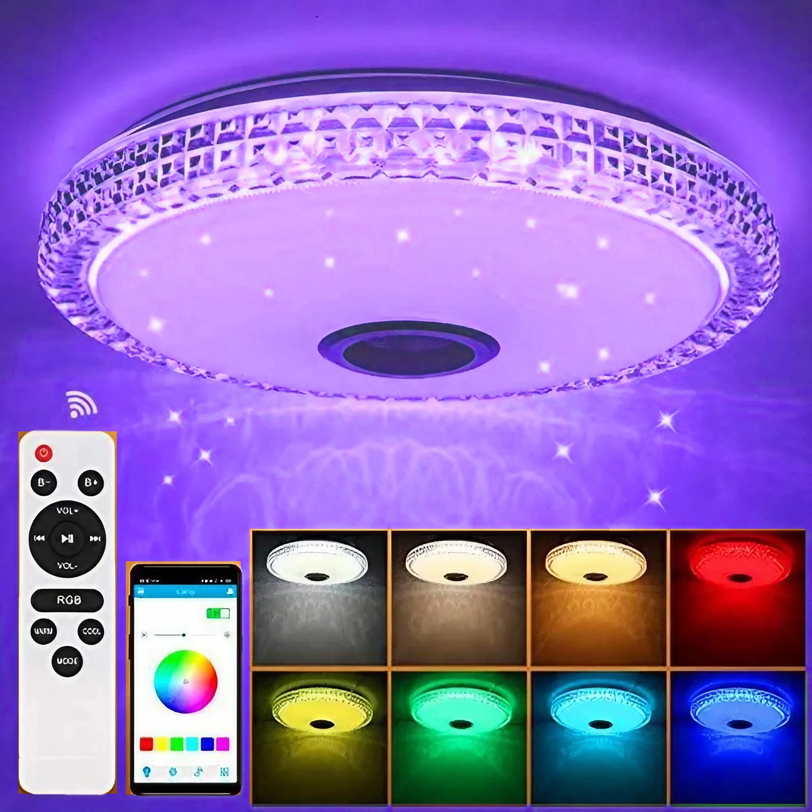 Imagem -02 - Luzes de Teto Led Rgb Inteligentes Controle de Aplicativos Reguláveis Alto-falante Bluetooth Quarto de Casa Luz Ambiente da Sala 300w