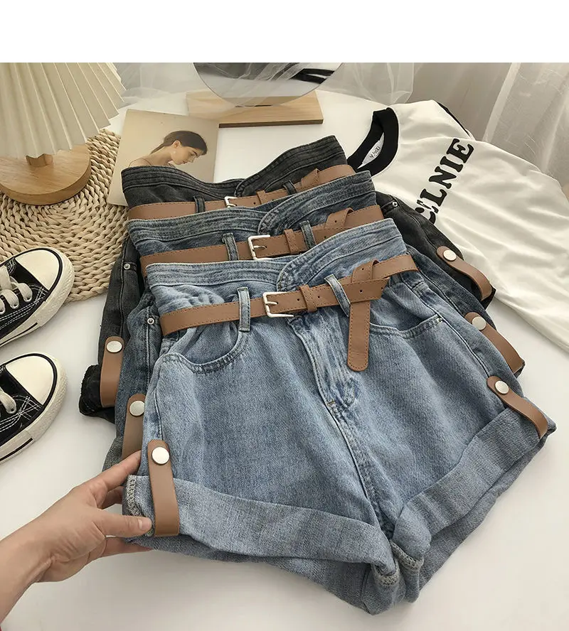 Curled shorts female retro light blue large size fashion summer high waist wide leg denim shorts female loose hot girl