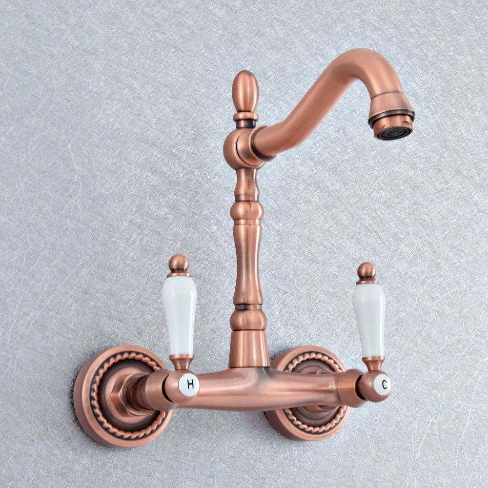 

Antique Red Copper Dual Handle Duals Hole Swivel Spout Kitchen Sink Faucet Bathroom Basin Cold Hot Water Mixer Tap Dsf882