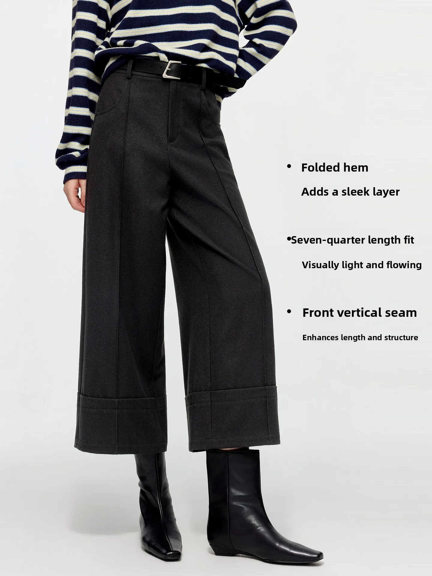 ELLE Black High Waist Casual Pants Women's Autumn New Style Flocking Slimming Commute Wide Leg Seven-Foot Pants