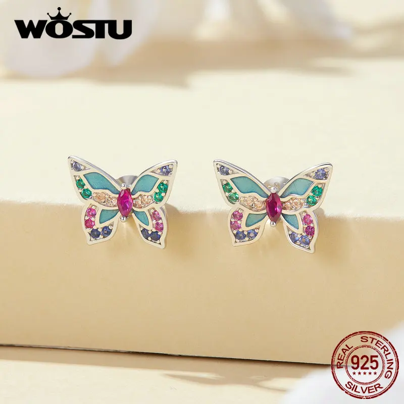 Wostu 925 prata esterlina arco-íris cz libélula borboleta brincos bonito inseto orelha studs meninas filha festa de aniversário presente