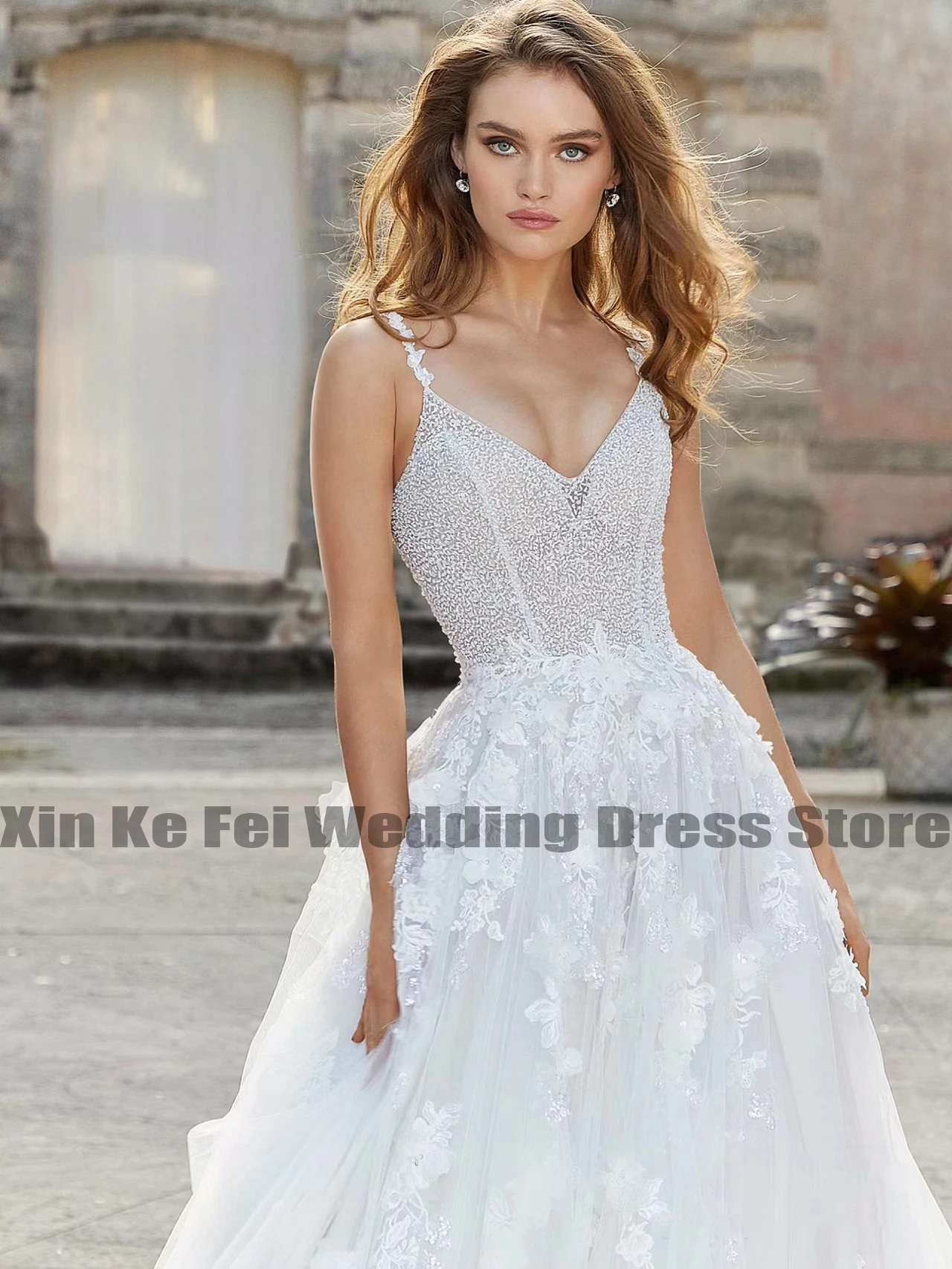 Bohemian Women's V-Neck Wedding Dresses A-Line Lace Applique Princess Bridal Gowns Tulle 2023 Sleeveless Vestido De Noiva Robe