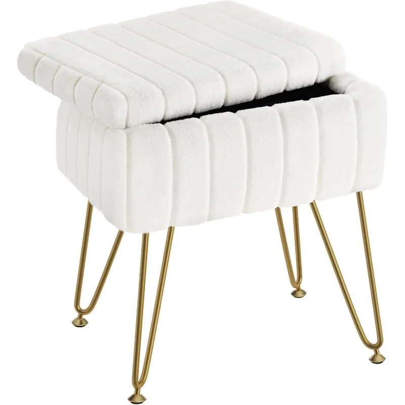 

Vanity Stool Chair Faux Fur with Storage, Soft Ottoman 4 Metal Legs with Anti-Slip Feet, Furry Padded Seat