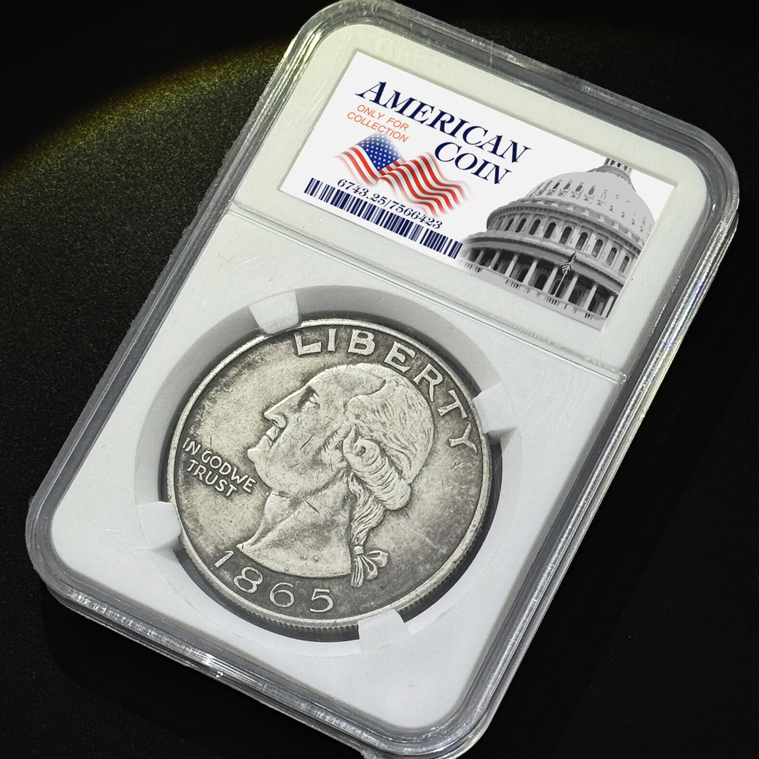 Réplica de moneda de estilo Vintage de EE. UU. 1865 con caja protectora, medalla conmemorativa de Washington, medalla de decisión de desafío, regalo de deseos de la suerte