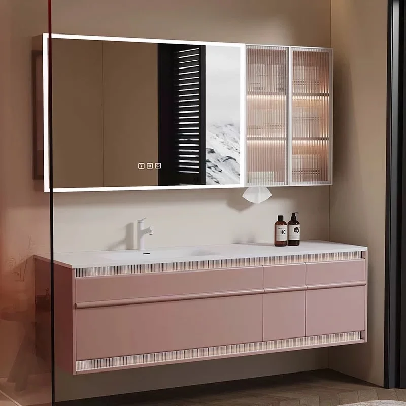 Smart Mirror CabinetSolid Wood Modern Bathroom Vanity Integrated Copper Ceramic Basin Smart Lifting Mirror AI-equipped Washstand