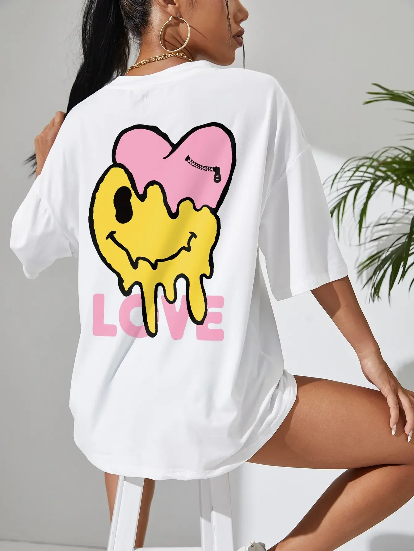 Cartoons Letter LOVE Printed Personality T-Shirt Female Fashion Casual Clothing Summer Cotton Short Sleeve Loose Oversize Tshirt