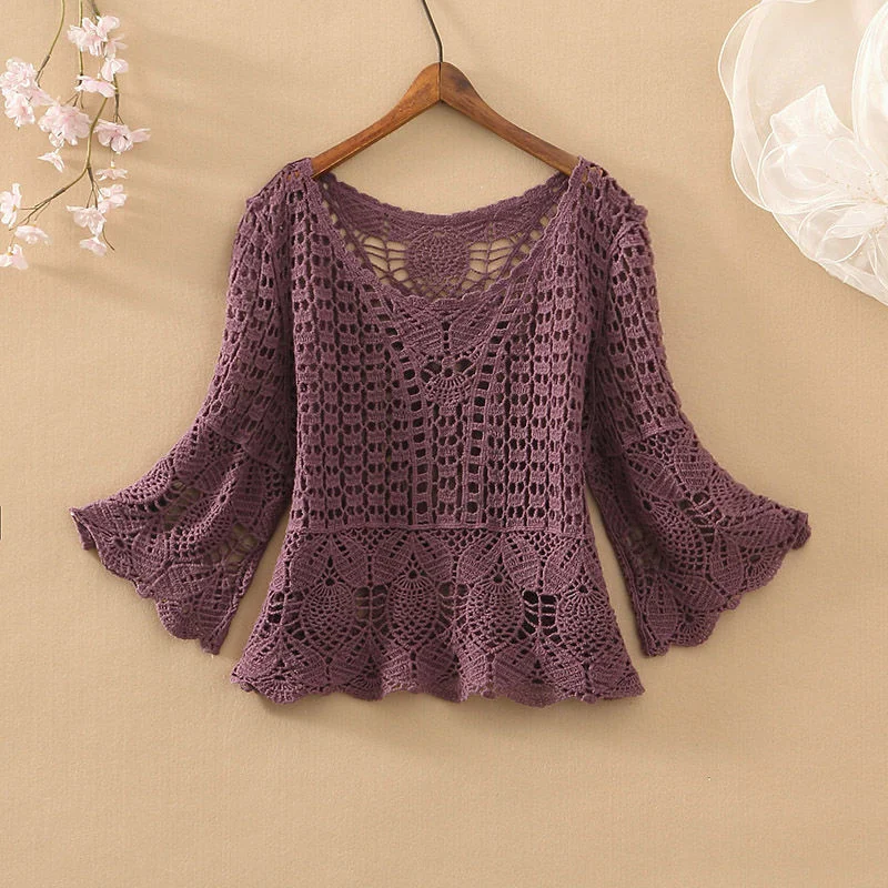 2025 Summer Sweater FemalePullover New Loose Short Five-point flared Sleeves Hollow out Hook flower Outside Jumper Sweater Women