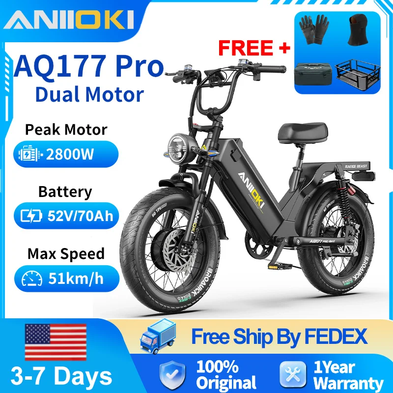 

Электровелосипед Aniioki Ebike 2800W с двумя моторами, для взрослых, 52V 70AH, скорость до 32 миль/ч, Aniioki AQ177 Pro Max, с длительным сроком службы батареи.