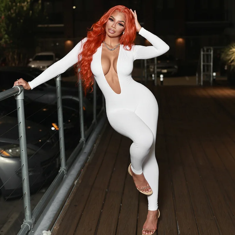

Sexy Deep V Neck Long Sleeve Jumpsuit Women 2025 Fall Fashion Soild Backless Slim Fit Romper Party Club Streetwear