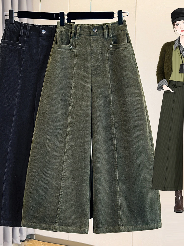 Authentic Corduroy Wide Leg Pants Thickened Autumn Winter Casual High Waist Straight Cut Ladies Trousers Comfortable Loose Fit