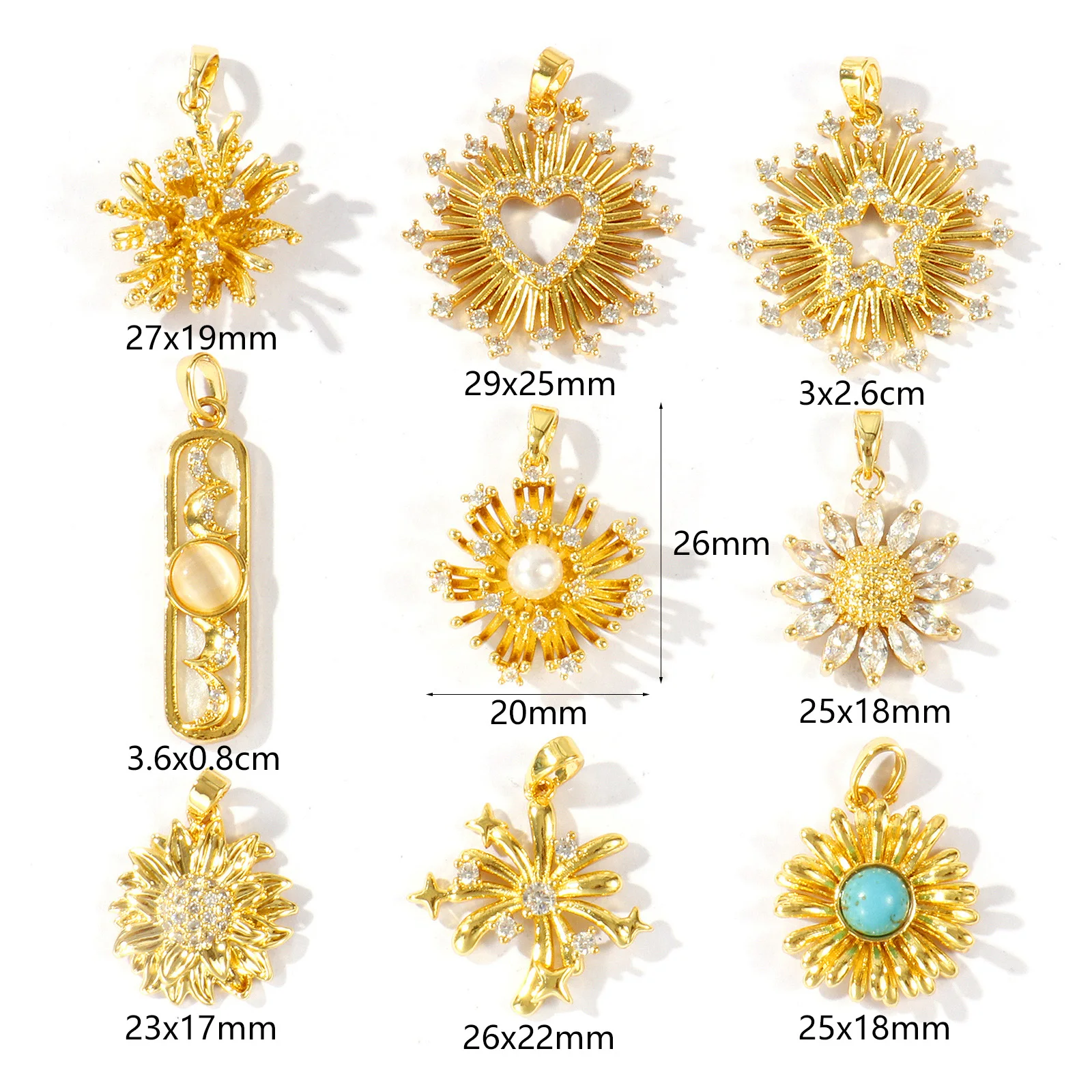 2 PCs Brass Charm 18K Gold Plated Clear Cubic Zirconia Daisy Heart Flower Pendant For DIY Necklace Jewelry Making Findings