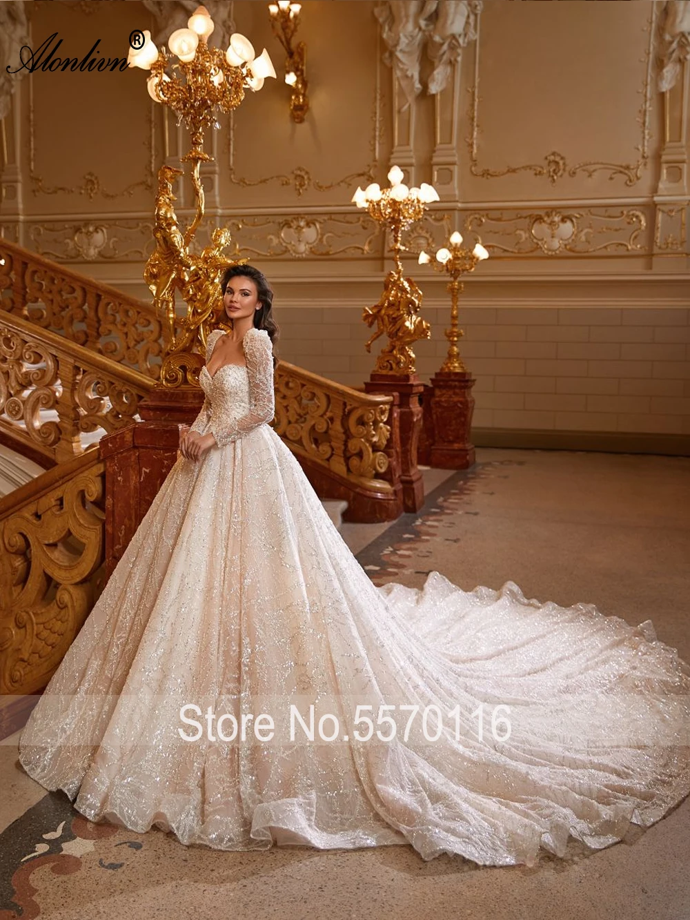 Alonlivn Wholeall Bling Lace Sweetheart A-Line Wedding Dresses Beading Pearls Embroidery Full Sleeves Bridal Gowns