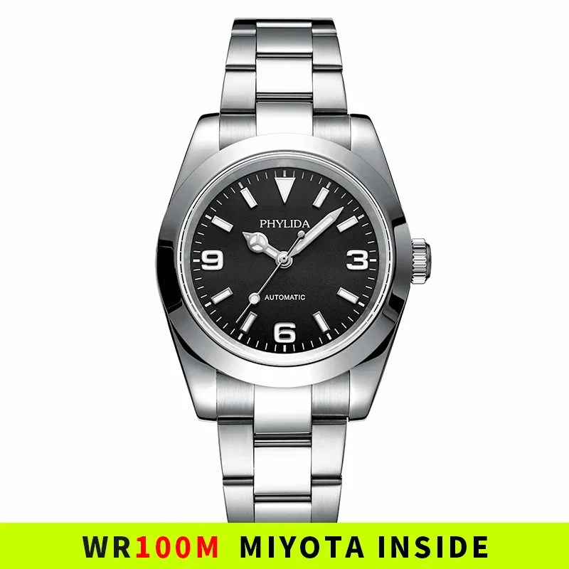 PHYLIDA 39mm Automatic Mechanical Luxury Watch Explore Black Dial 100M Water Resistant MIYOTA 8215