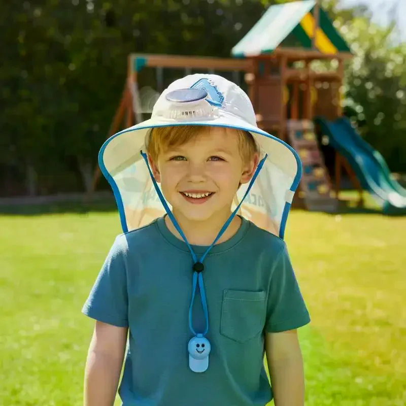 Kids Wide Brim Sun Hat Solar Rechargeable Fan Neck Flap UV Protection For Summer Beach Activities