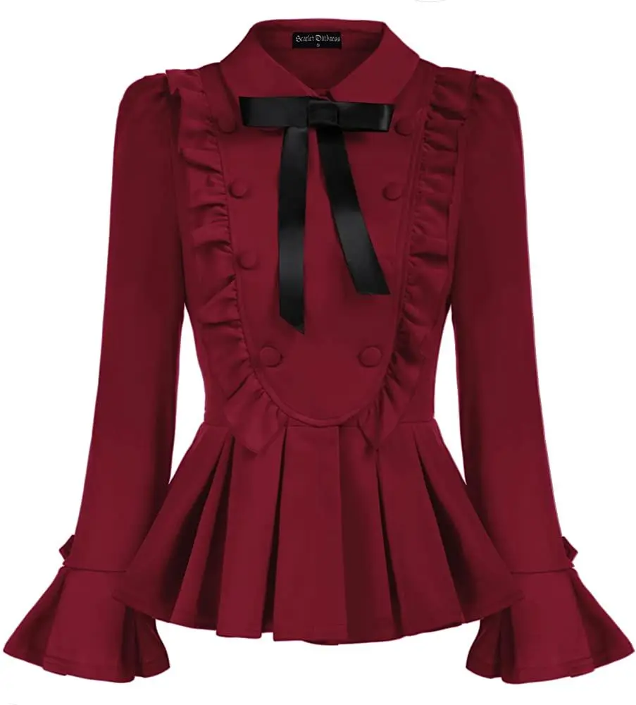 18th Century Women's Victorian Lapel Collar Jacket Peplum Hem Ruffle Sleeves Blouses with Bow Vintage Renaissance Coat