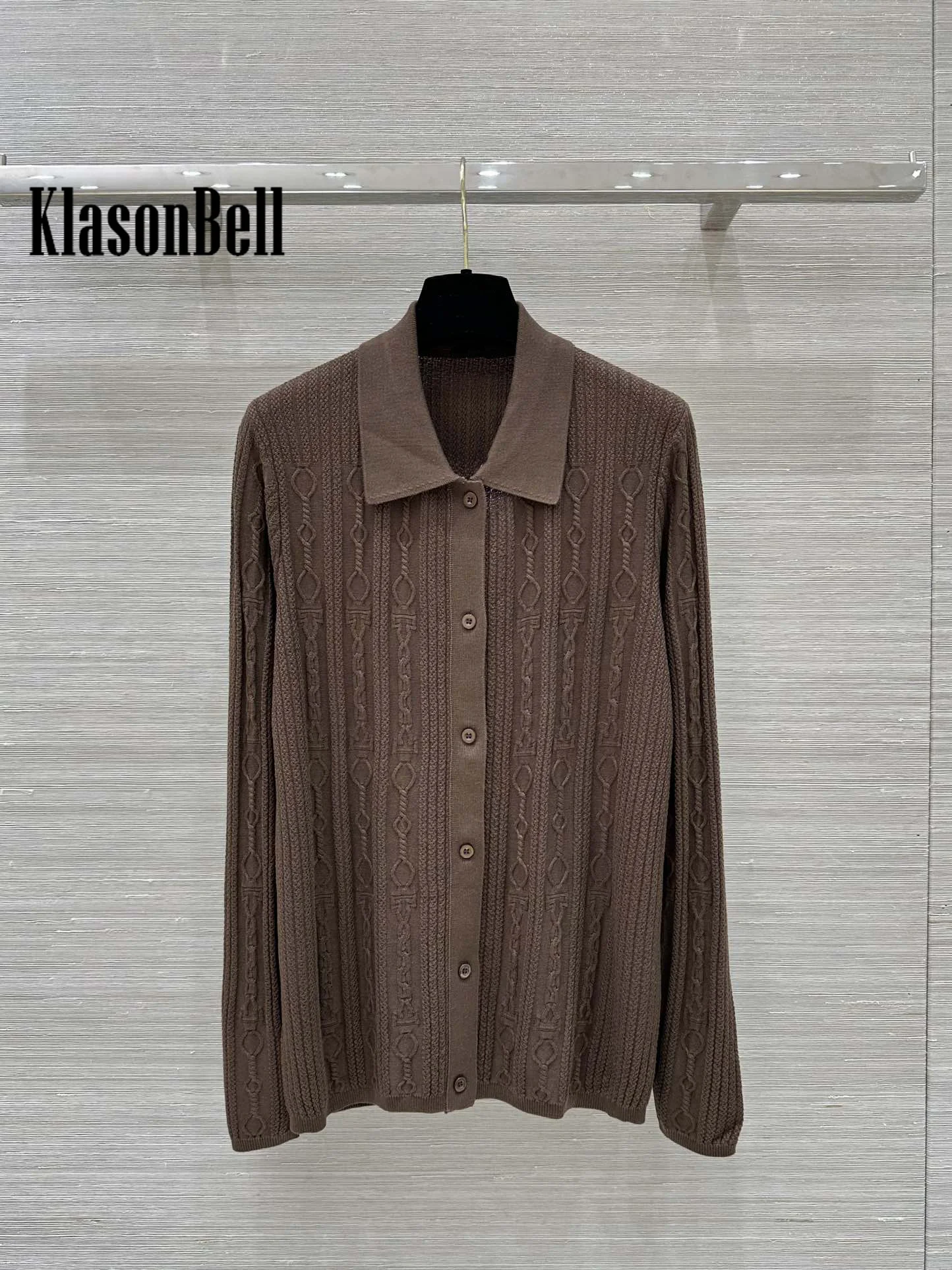 8.22 KlasonBell Women Clothes Vintage Rope Coed Jacquard Wool Knitted Cardigan Lapel Collar Single Breasted Fit Coat